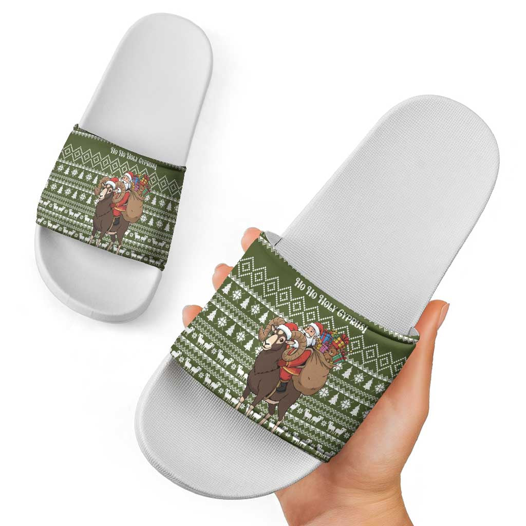 Cyprus Christmas Slide Sandals with Santa Riding Ram Ho Ho Holy Cyprus Text and Green Holiday - Wonder Print Shop