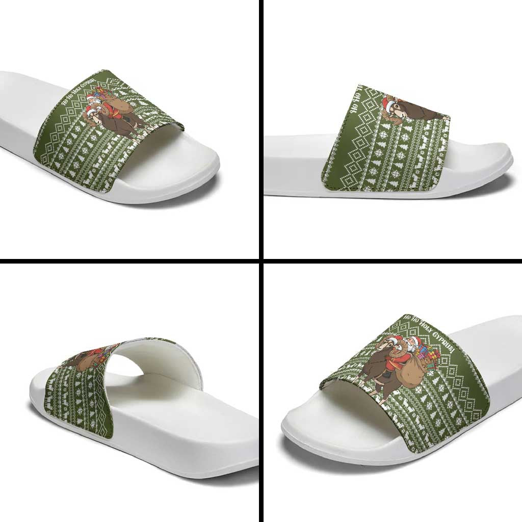 Cyprus Christmas Slide Sandals with Santa Riding Ram Ho Ho Holy Cyprus Text and Green Holiday - Wonder Print Shop