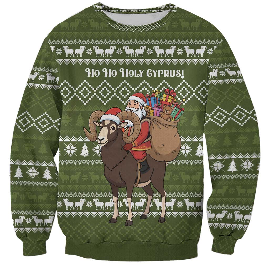 Cyprus Christmas Sweatshirt with Santa Riding Ram Ho Ho Holy Cyprus Text and Green Holiday - Wonder Print Shop