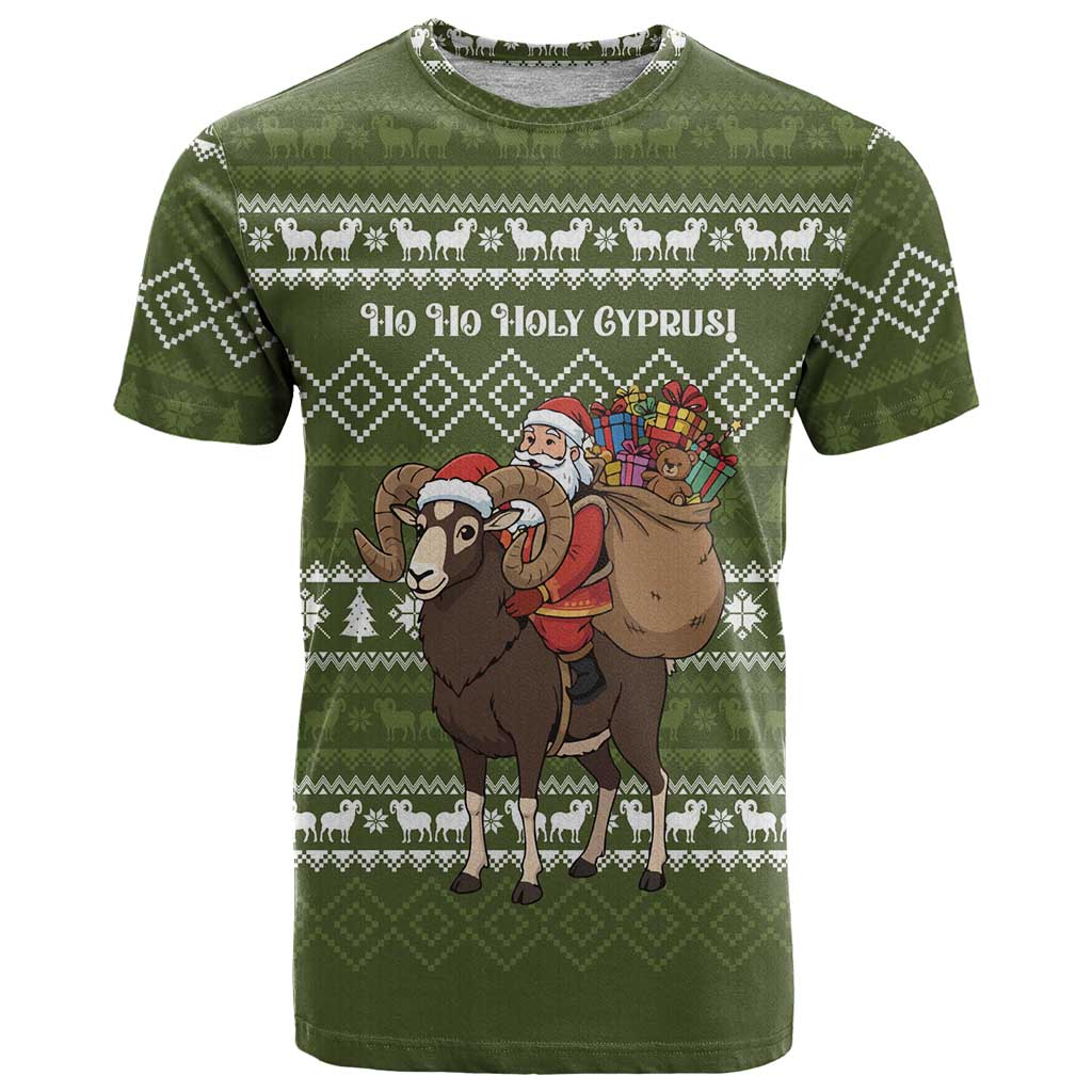 Cyprus Christmas T Shirt with Santa Riding Ram Ho Ho Holy Cyprus Text and Green Holiday - Wonder Print Shop