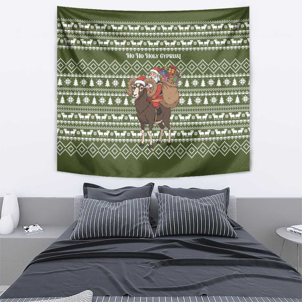 Cyprus Christmas Tapestry with Santa Riding Ram Ho Ho Holy Cyprus Text and Green Holiday - Wonder Print Shop