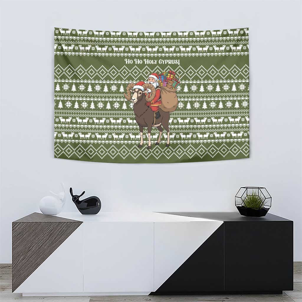 Cyprus Christmas Tapestry with Santa Riding Ram Ho Ho Holy Cyprus Text and Green Holiday - Wonder Print Shop