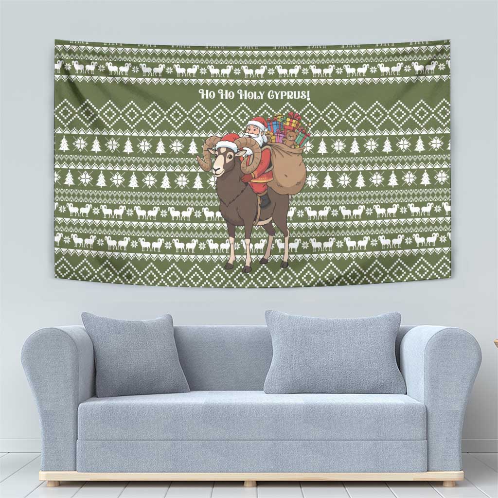 Cyprus Christmas Tapestry with Santa Riding Ram Ho Ho Holy Cyprus Text and Green Holiday - Wonder Print Shop