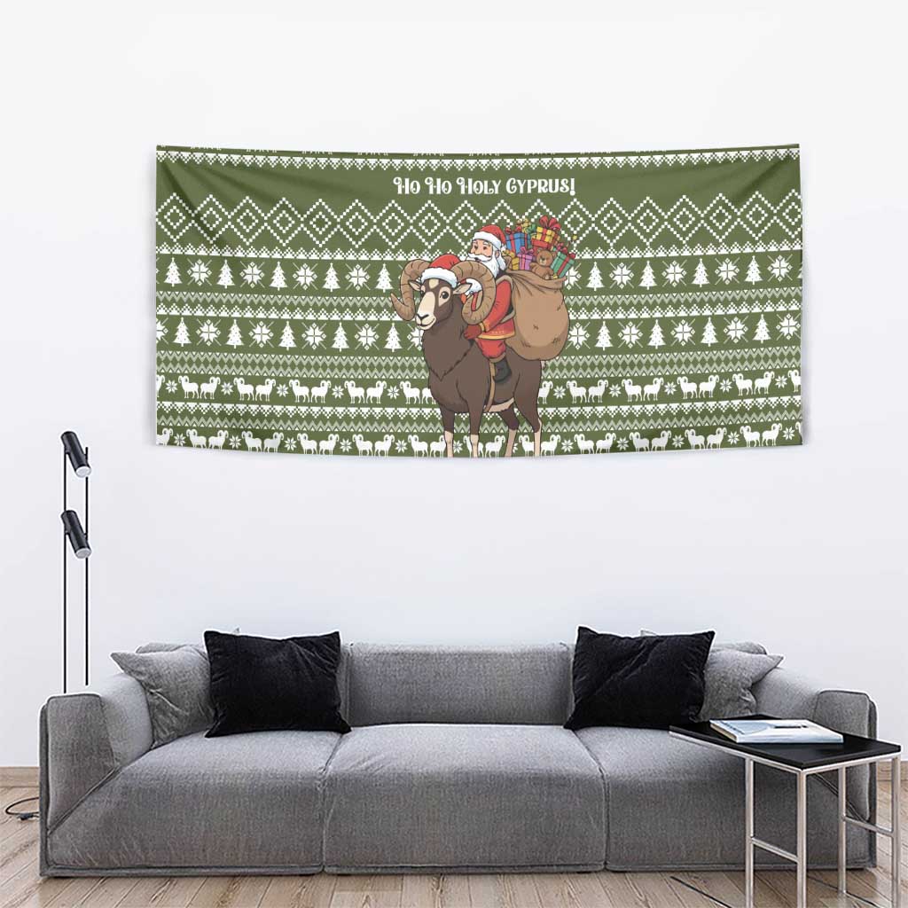 Cyprus Christmas Tapestry with Santa Riding Ram Ho Ho Holy Cyprus Text and Green Holiday - Wonder Print Shop