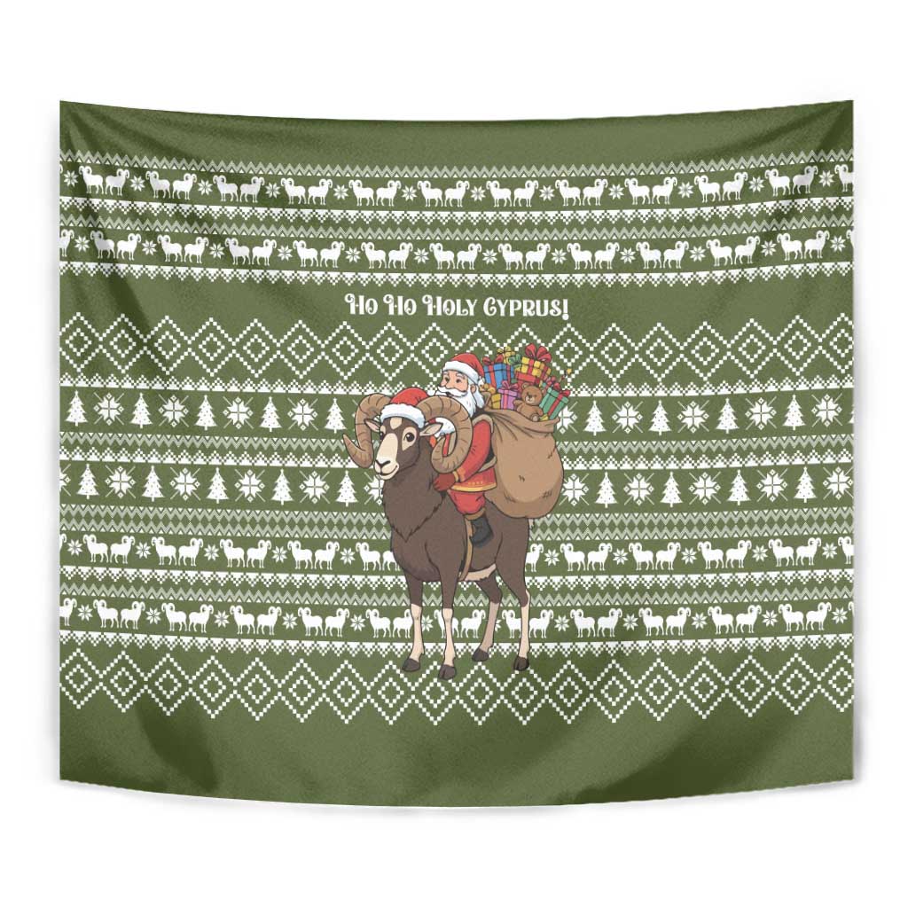 Cyprus Christmas Tapestry with Santa Riding Ram Ho Ho Holy Cyprus Text and Green Holiday - Wonder Print Shop
