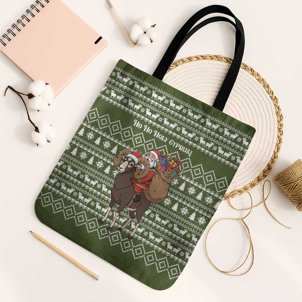 Cyprus Christmas Tote Bag with Santa Riding Ram Ho Ho Holy Cyprus Text and Green Holiday - Wonder Print Shop