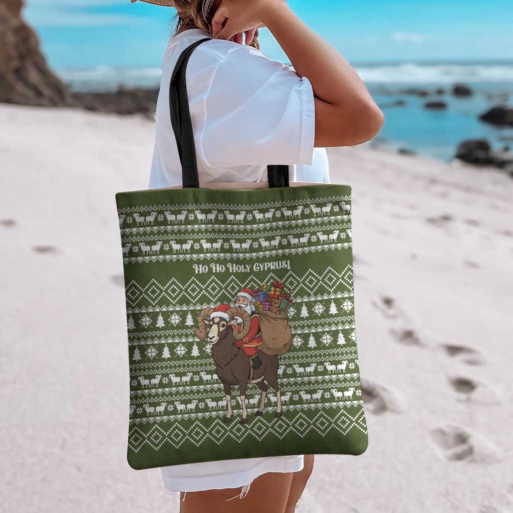 Cyprus Christmas Tote Bag with Santa Riding Ram Ho Ho Holy Cyprus Text and Green Holiday - Wonder Print Shop