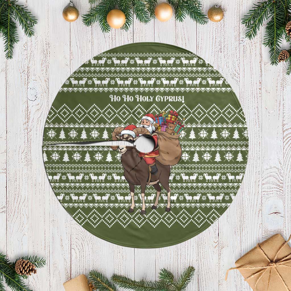 Cyprus Christmas Tree Skirt with Santa Riding Ram Ho Ho Holy Cyprus Text and Green Holiday - Wonder Print Shop
