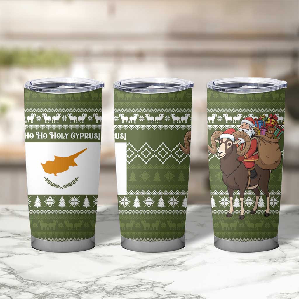 Cyprus Christmas Tumbler Cup with Santa Riding Ram Ho Ho Holy Cyprus Text and Green Holiday - Wonder Print Shop