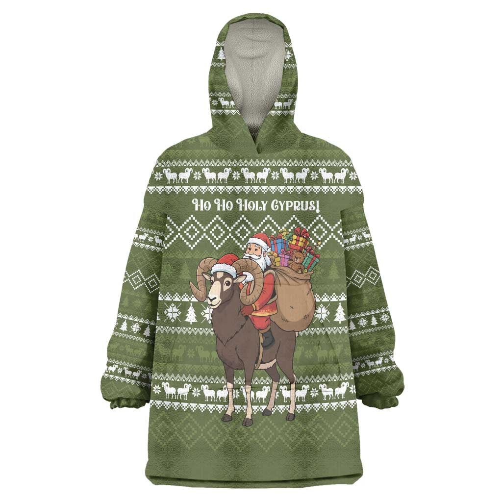 Cyprus Christmas Wearable Blanket Hoodie with Santa Riding Ram Ho Ho Holy Cyprus Text and Green Holiday - Wonder Print Shop