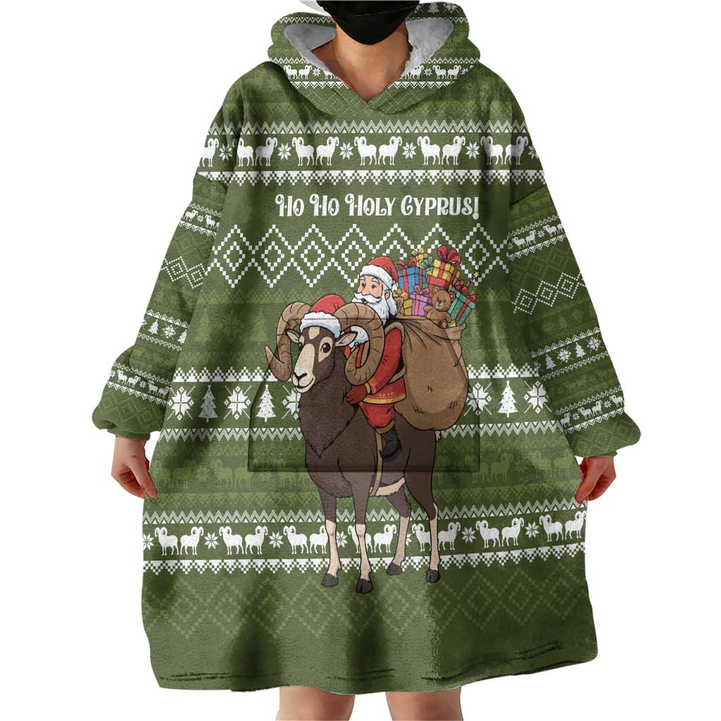 Cyprus Christmas Wearable Blanket Hoodie with Santa Riding Ram Ho Ho Holy Cyprus Text and Green Holiday - Wonder Print Shop