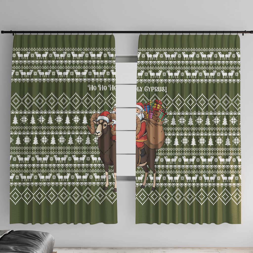 Cyprus Christmas Window Curtain with Santa Riding Ram Ho Ho Holy Cyprus Text and Green Holiday - Wonder Print Shop