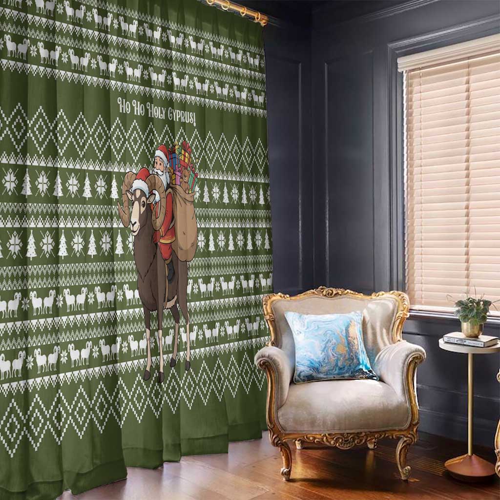 Cyprus Christmas Window Curtain with Santa Riding Ram Ho Ho Holy Cyprus Text and Green Holiday - Wonder Print Shop