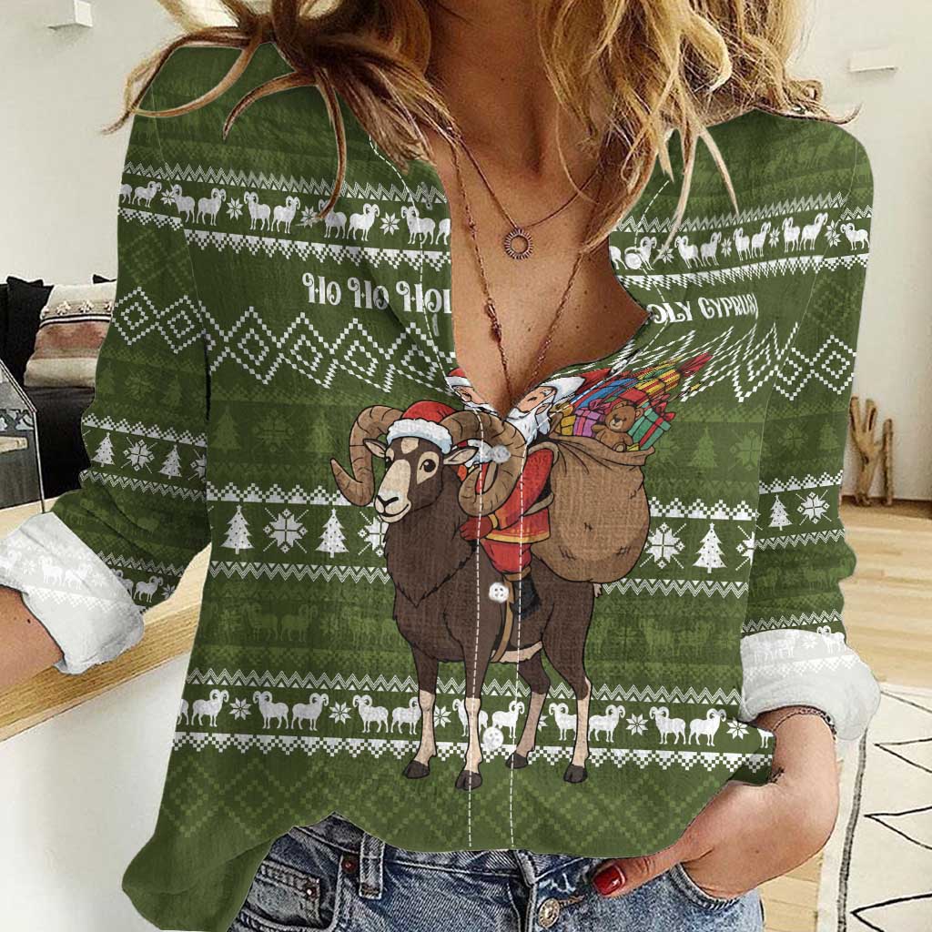 Cyprus Christmas Women Casual Shirt with Santa Riding Ram Ho Ho Holy Cyprus Text and Green Holiday - Wonder Print Shop