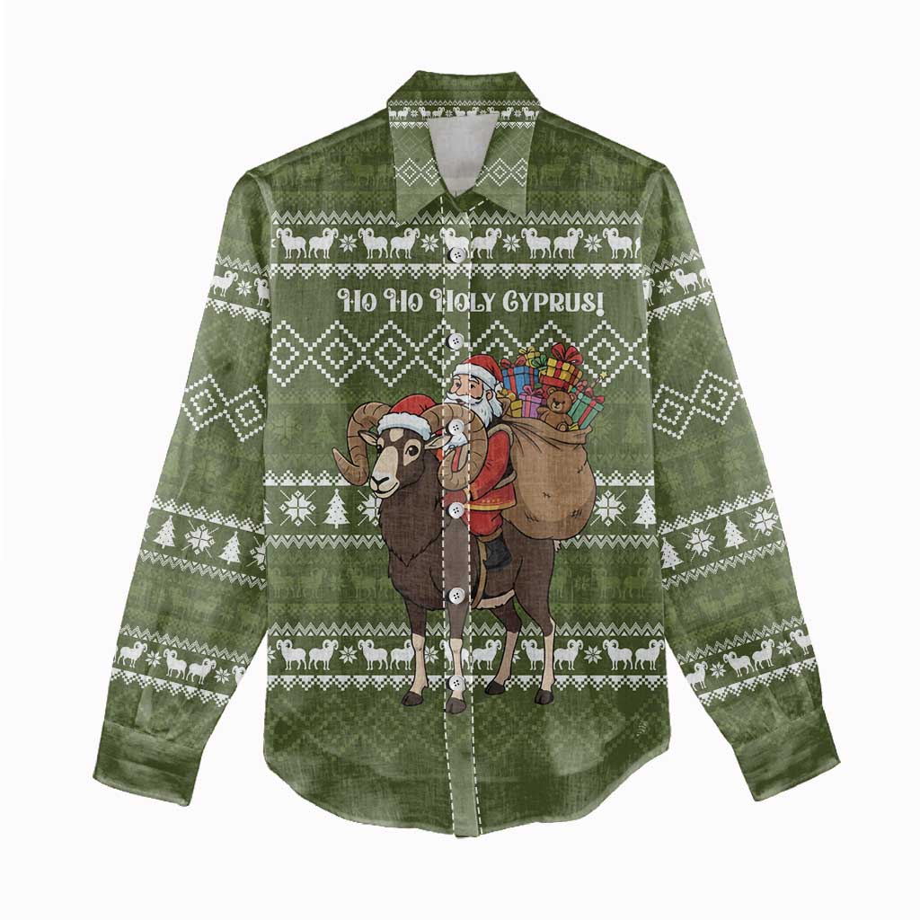 Cyprus Christmas Women Casual Shirt with Santa Riding Ram Ho Ho Holy Cyprus Text and Green Holiday - Wonder Print Shop