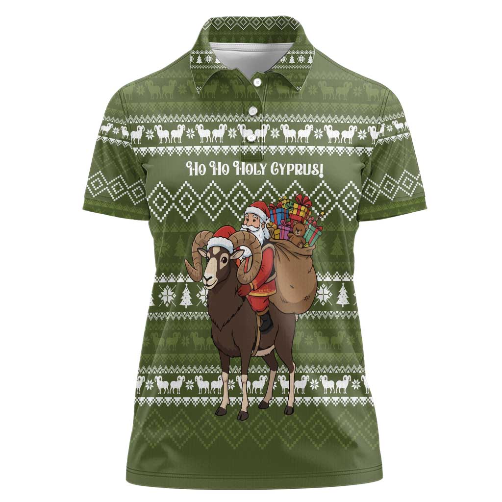 Cyprus Christmas Women Polo Shirt with Santa Riding Ram Ho Ho Holy Cyprus Text and Green Holiday - Wonder Print Shop