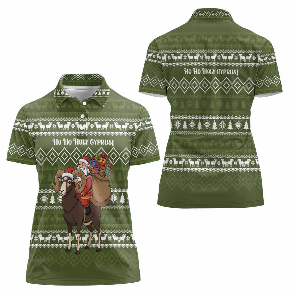 Cyprus Christmas Women Polo Shirt with Santa Riding Ram Ho Ho Holy Cyprus Text and Green Holiday - Wonder Print Shop