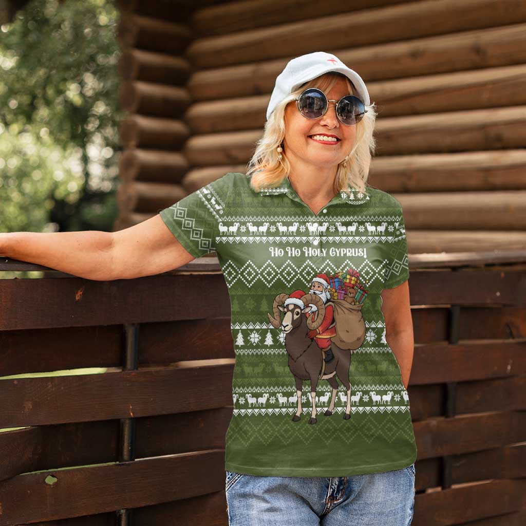 Cyprus Christmas Women Polo Shirt with Santa Riding Ram Ho Ho Holy Cyprus Text and Green Holiday - Wonder Print Shop