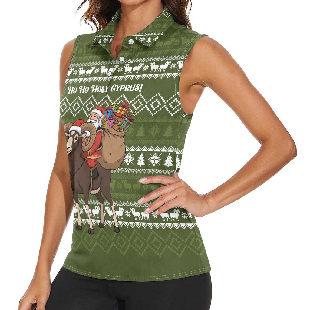 Cyprus Christmas Women Sleeveless Polo Shirt with Santa Riding Ram Ho Ho Holy Cyprus Text and Green Holiday - Wonder Print Shop