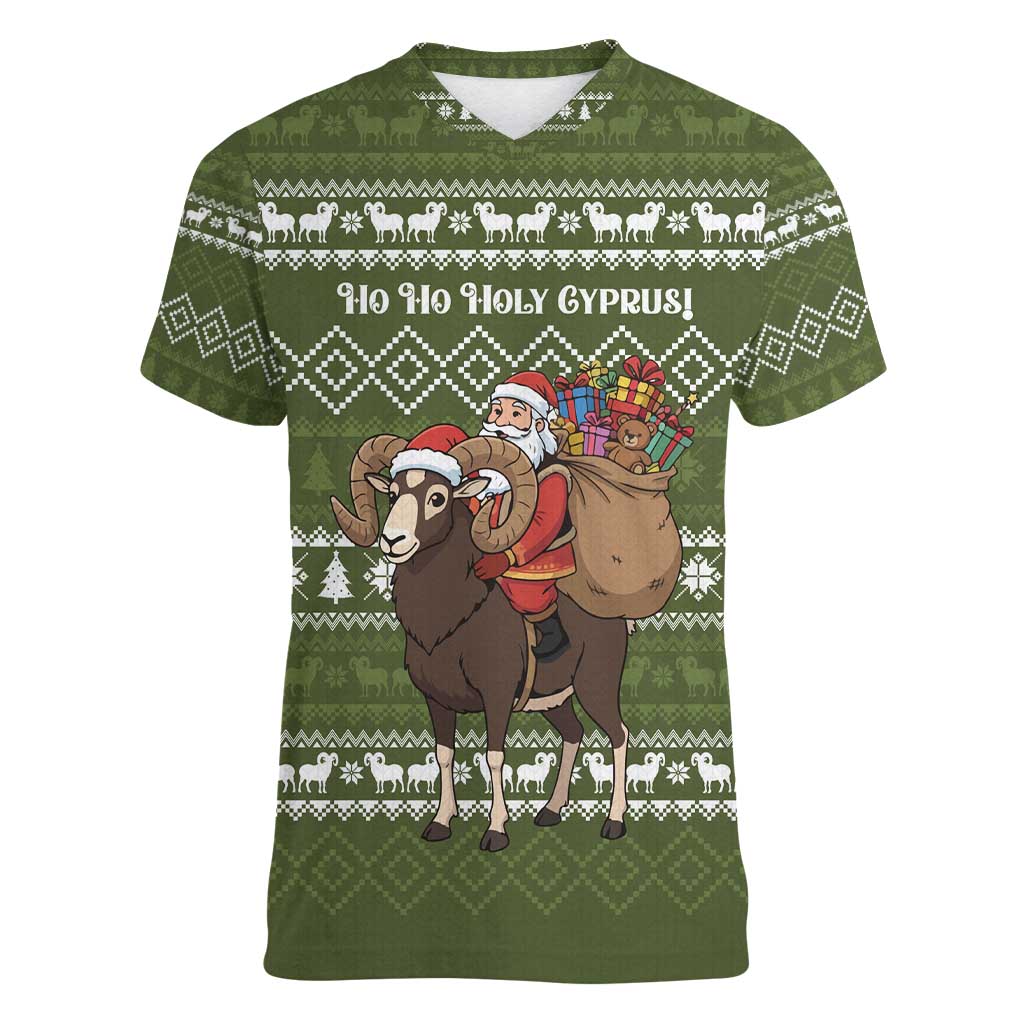 Cyprus Christmas Women V-Neck T-Shirt with Santa Riding Ram Ho Ho Holy Cyprus Text and Green Holiday - Wonder Print Shop