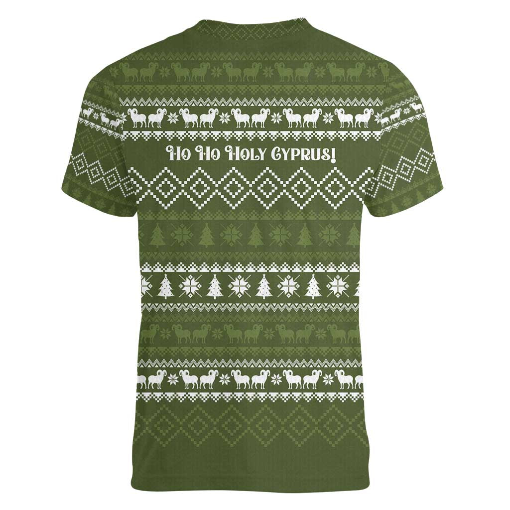 Cyprus Christmas Women V-Neck T-Shirt with Santa Riding Ram Ho Ho Holy Cyprus Text and Green Holiday - Wonder Print Shop