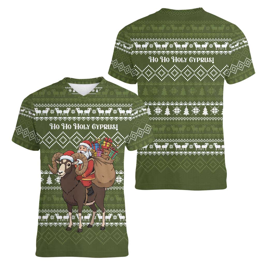 Cyprus Christmas Women V-Neck T-Shirt with Santa Riding Ram Ho Ho Holy Cyprus Text and Green Holiday - Wonder Print Shop