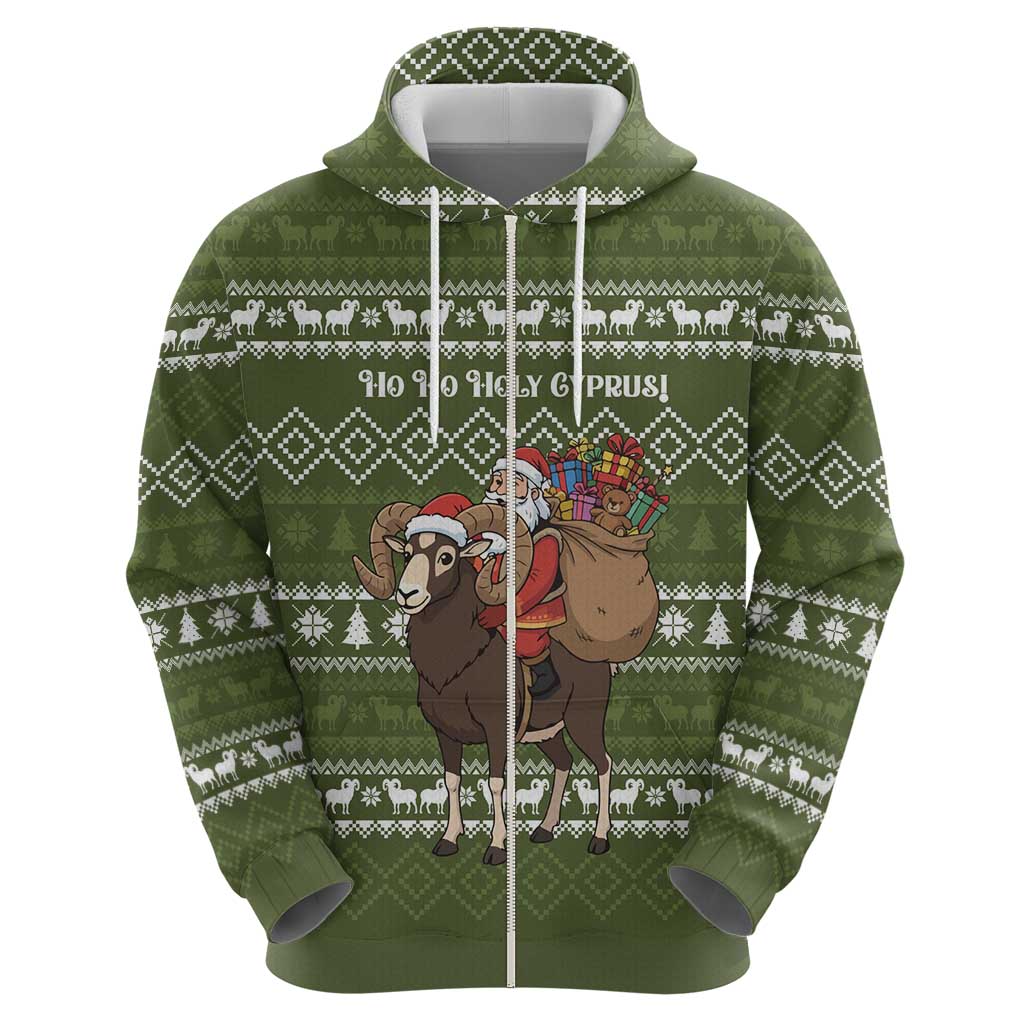 Cyprus Christmas Zip Hoodie with Santa Riding Ram Ho Ho Holy Cyprus Text and Green Holiday - Wonder Print Shop