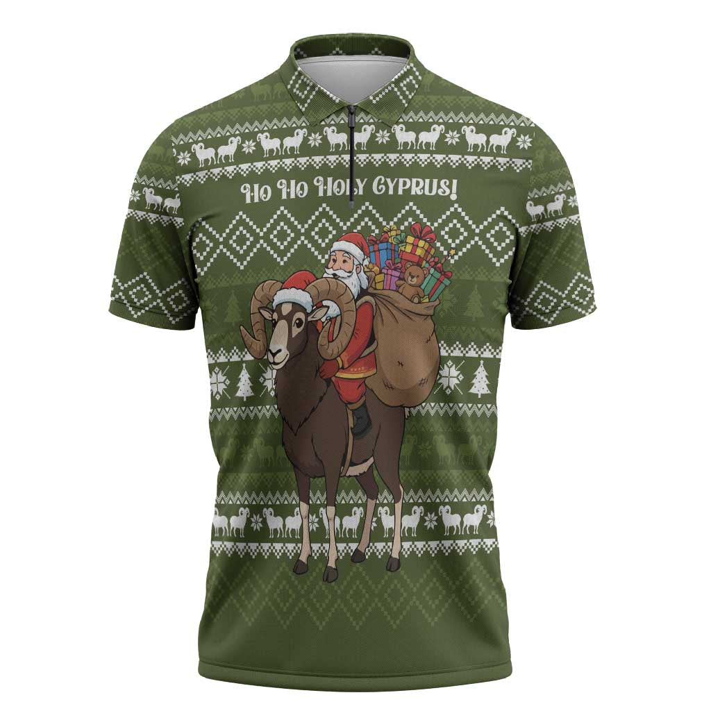 Cyprus Christmas Zipper Polo Shirt with Santa Riding Ram Ho Ho Holy Cyprus Text and Green Holiday - Wonder Print Shop