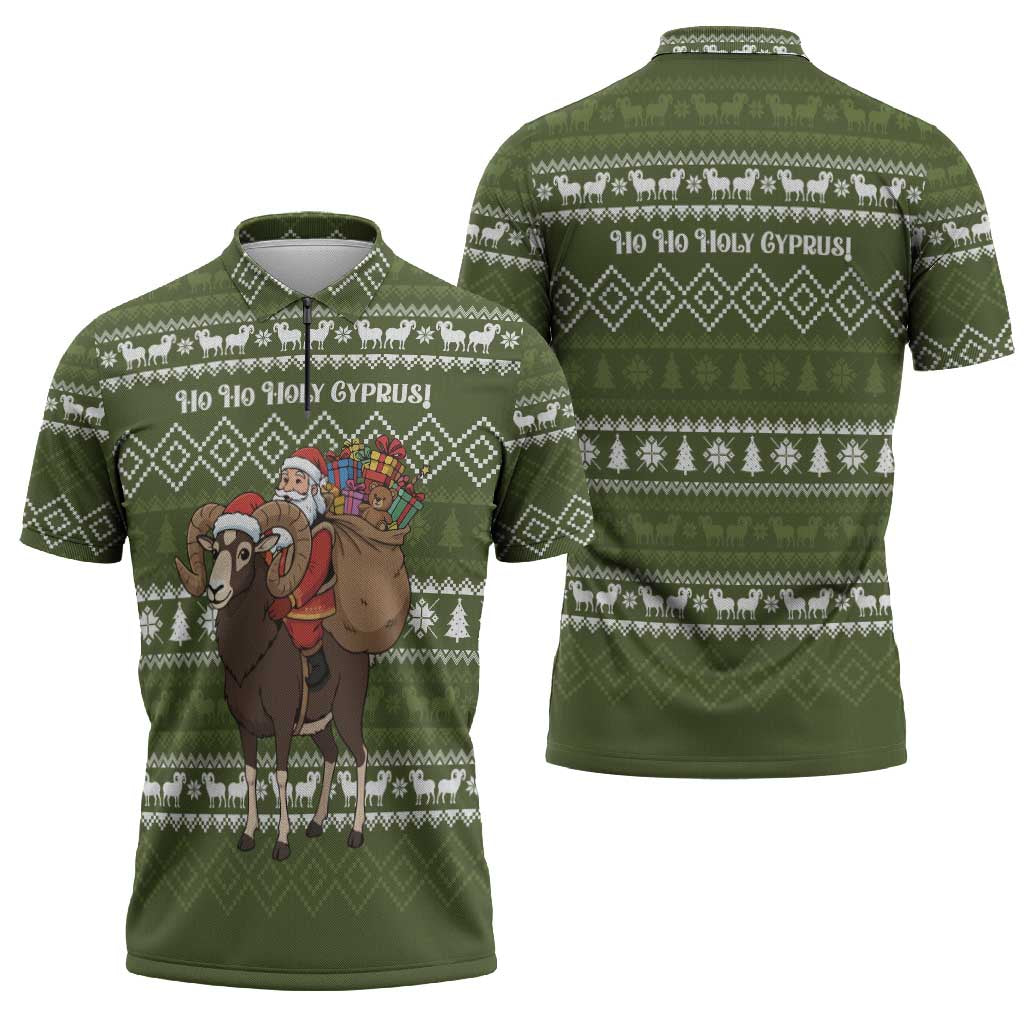 Cyprus Christmas Zipper Polo Shirt with Santa Riding Ram Ho Ho Holy Cyprus Text and Green Holiday - Wonder Print Shop