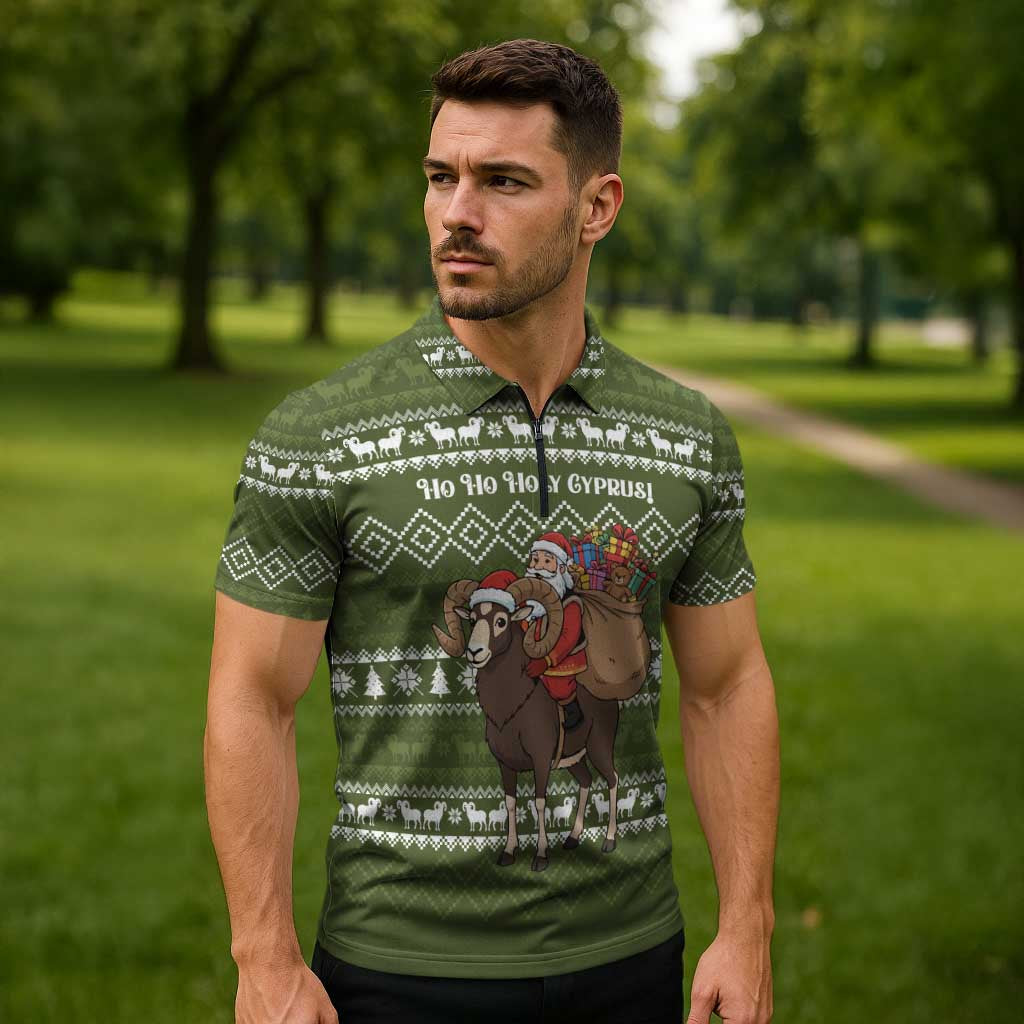 Cyprus Christmas Zipper Polo Shirt with Santa Riding Ram Ho Ho Holy Cyprus Text and Green Holiday - Wonder Print Shop
