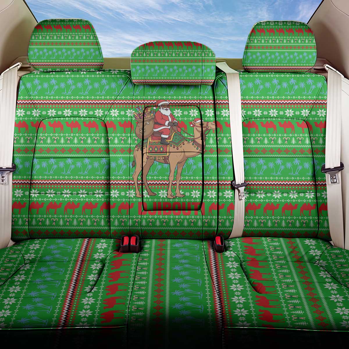 Djibouti Christmas Back Car Seat Cover with Santa Riding Camel Palm Trees Red Camel - Wonder Print Shop