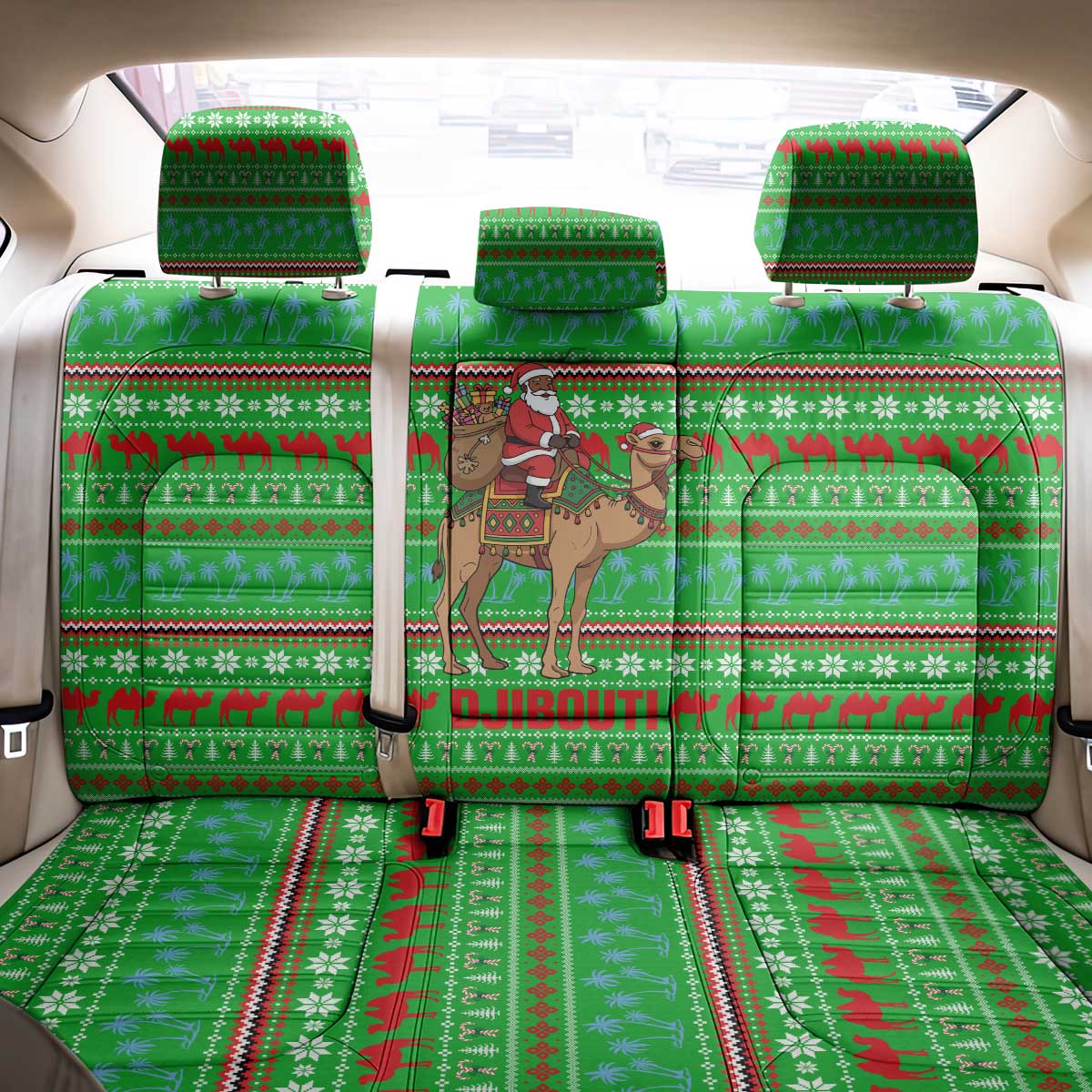 Djibouti Christmas Back Car Seat Cover with Santa Riding Camel Palm Trees Red Camel - Wonder Print Shop