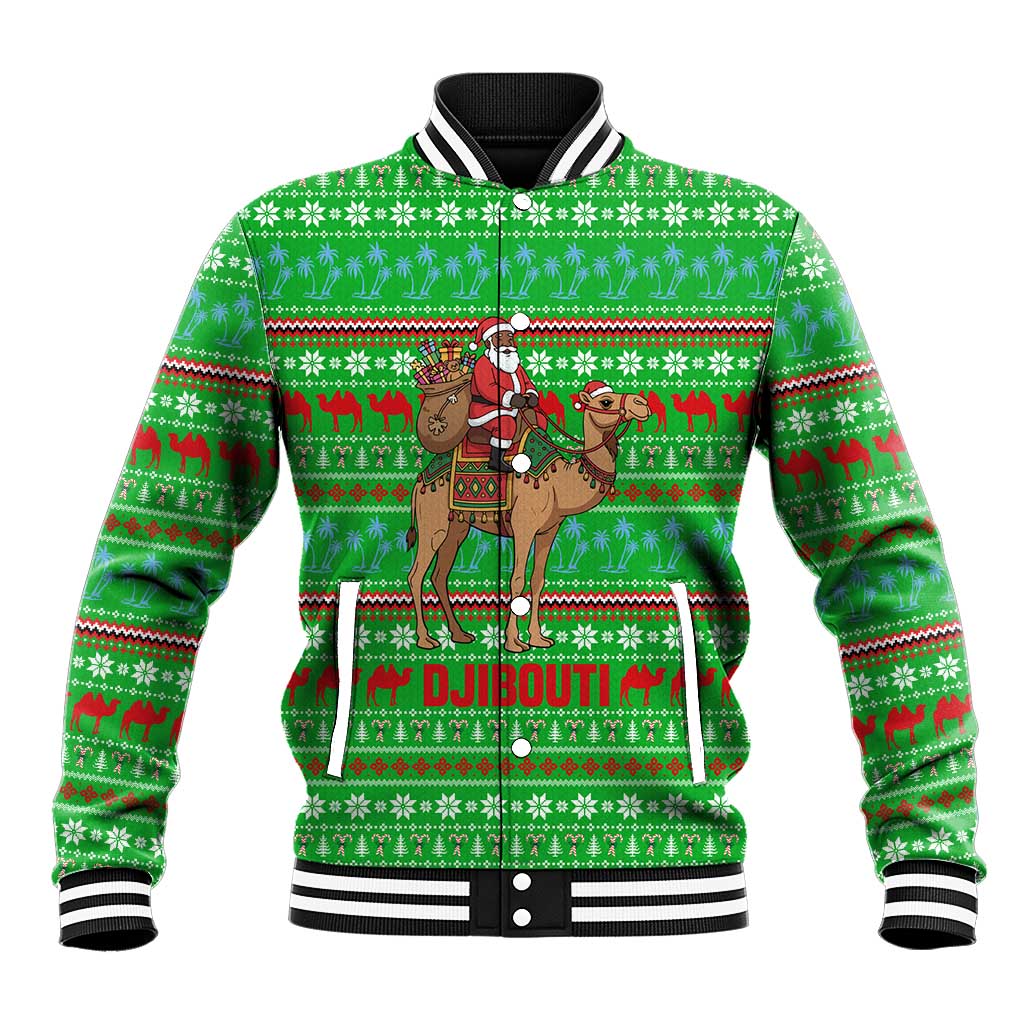 Djibouti Christmas Baseball Jacket with Santa Riding Camel Palm Trees Red Camel - Wonder Print Shop
