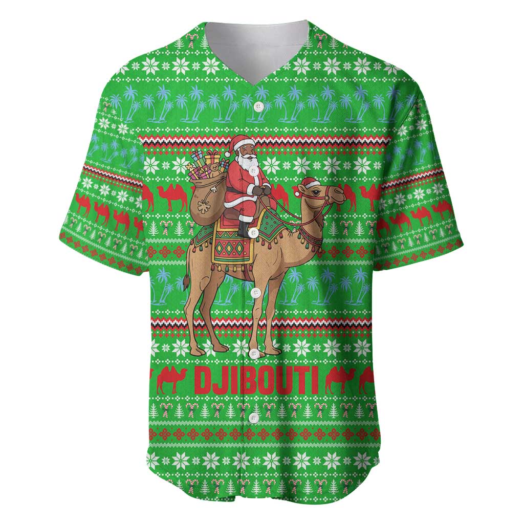 Djibouti Christmas Baseball Jersey with Santa Riding Camel Palm Trees Red Camel - Wonder Print Shop