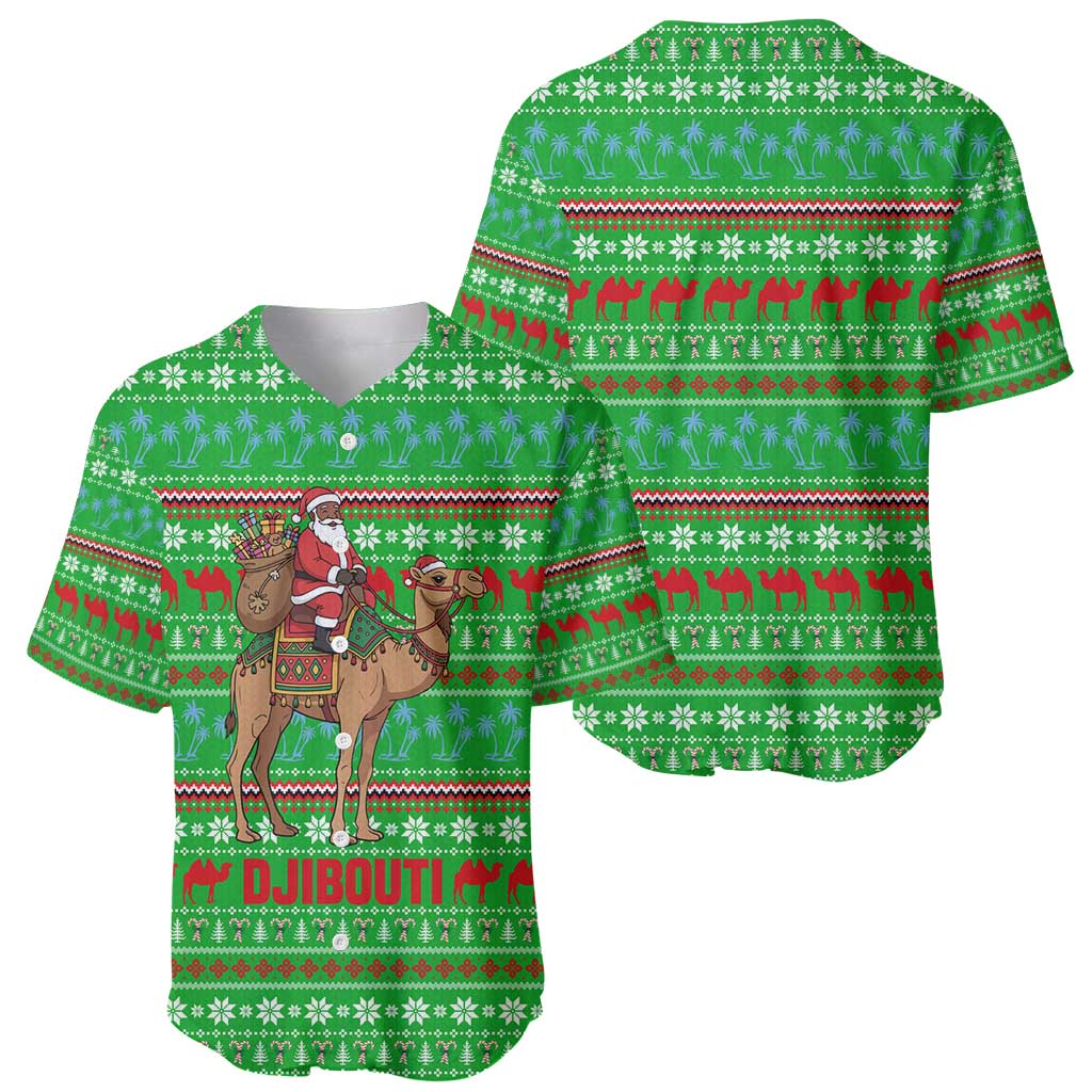 Djibouti Christmas Baseball Jersey with Santa Riding Camel Palm Trees Red Camel - Wonder Print Shop