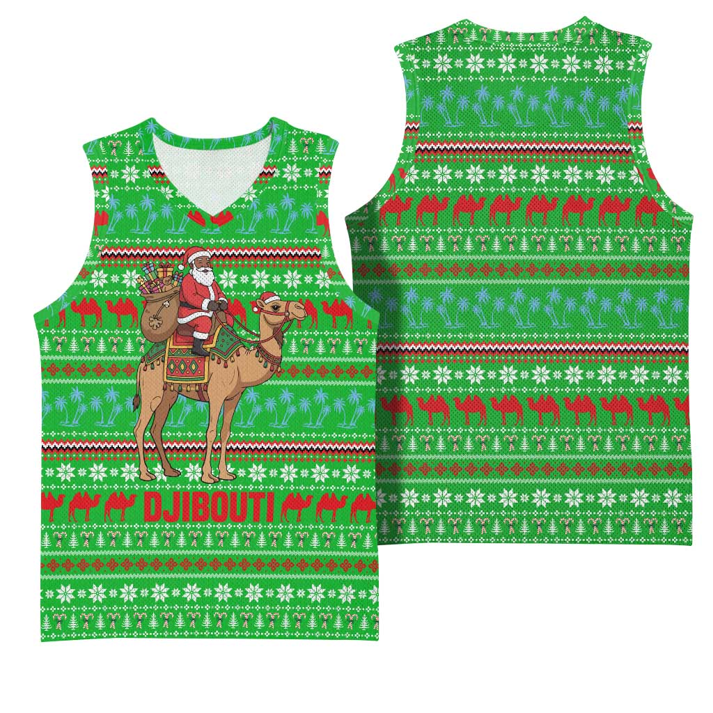 Djibouti Christmas Basketball Jersey with Santa Riding Camel Palm Trees Red Camel - Wonder Print Shop