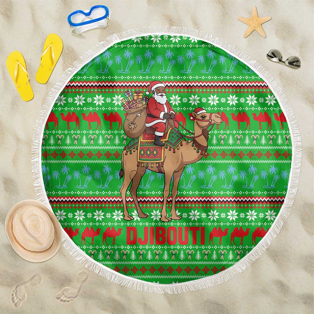 Djibouti Christmas Beach Blanket with Santa Riding Camel Palm Trees Red Camel - Wonder Print Shop