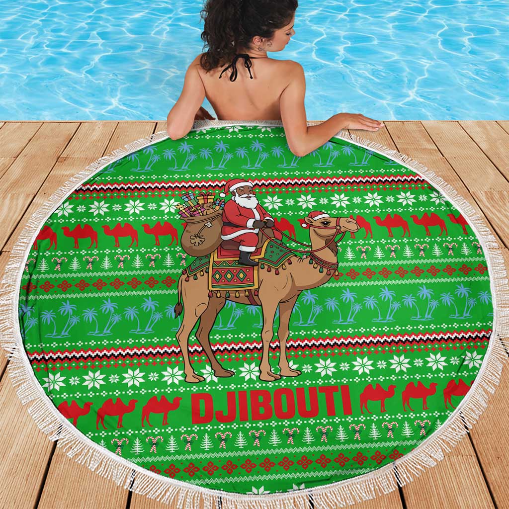 Djibouti Christmas Beach Blanket with Santa Riding Camel Palm Trees Red Camel - Wonder Print Shop