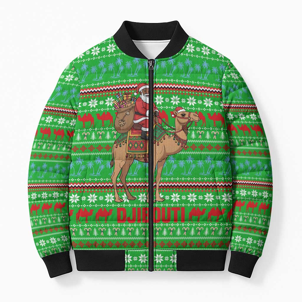 Djibouti Christmas Bomber Puffer Jacket with Santa Riding Camel Palm Trees Red Camel - Wonder Print Shop