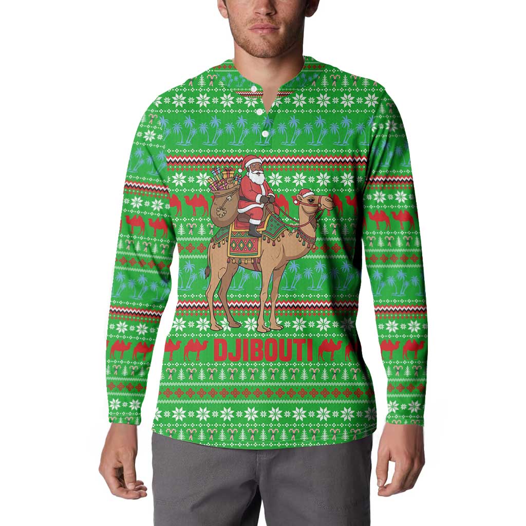 Djibouti Christmas Button Sweatshirt with Santa Riding Camel Palm Trees Red Camel - Wonder Print Shop
