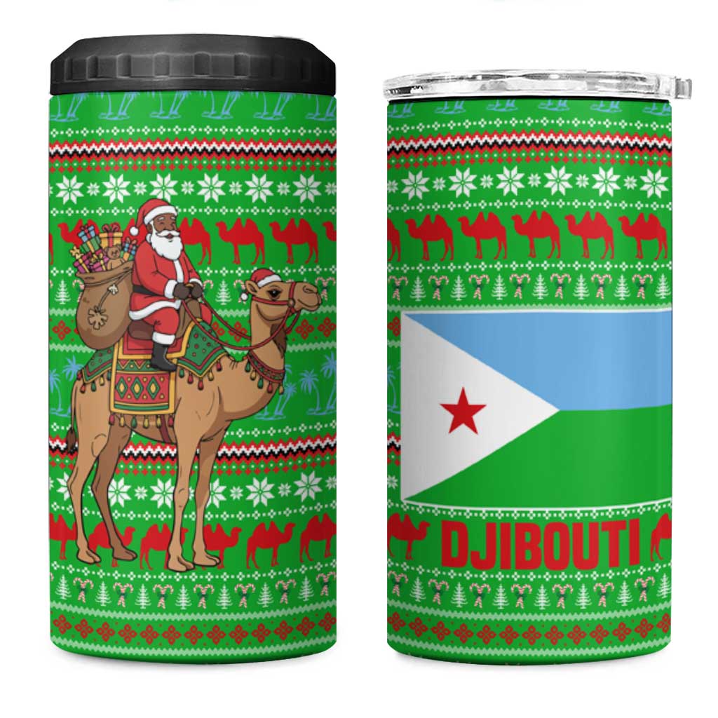 Djibouti Christmas 4 in 1 Can Cooler Tumbler with Santa Riding Camel Palm Trees Red Camel - Wonder Print Shop
