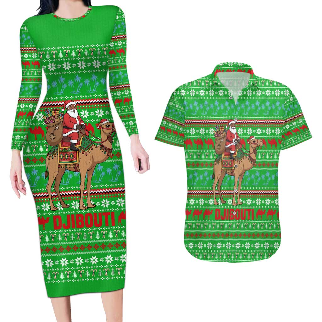 Djibouti Christmas Couples Matching Long Sleeve Bodycon Dress and Hawaiian Shirt with Santa Riding Camel Palm Trees Red Camel - Wonder Print Shop