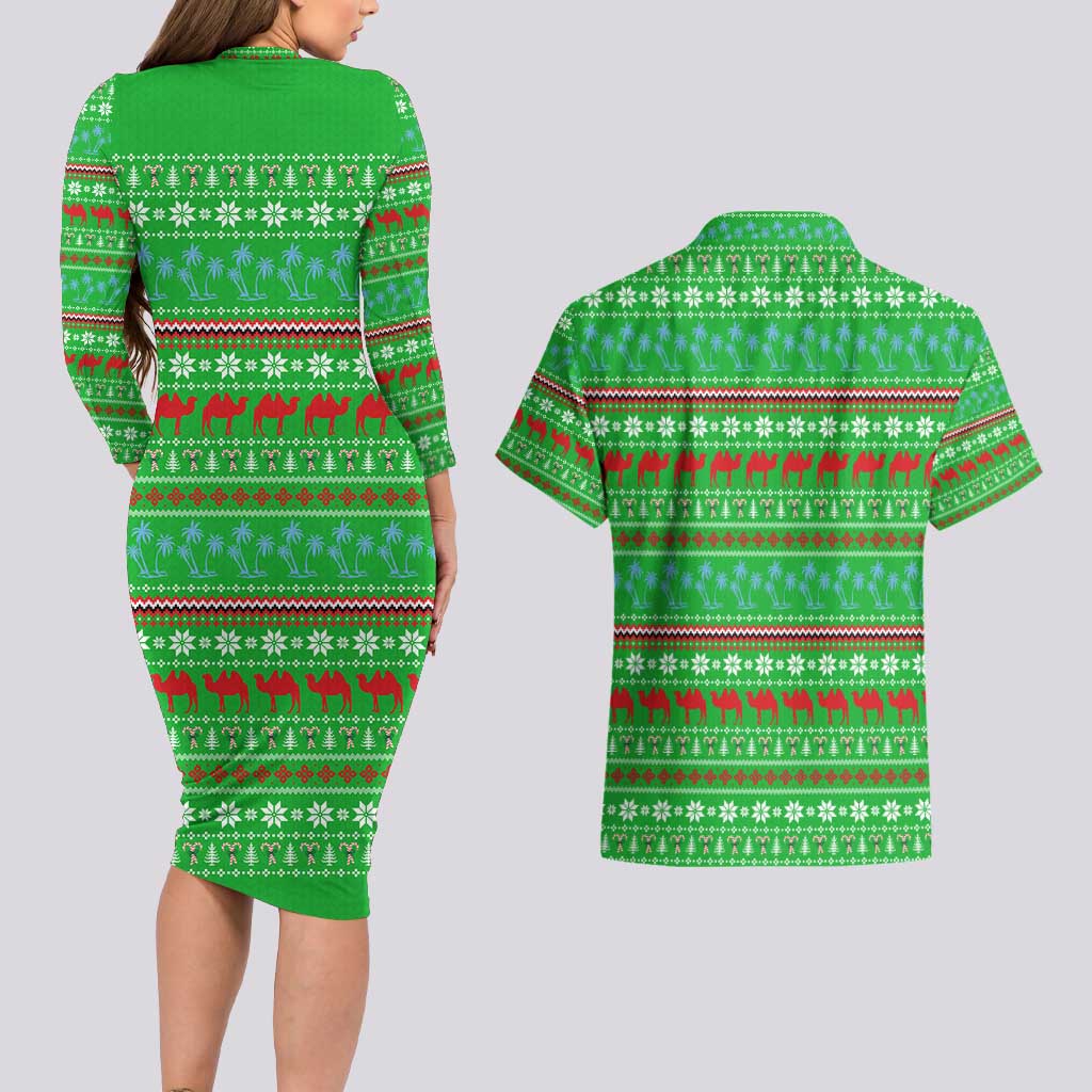 Djibouti Christmas Couples Matching Long Sleeve Bodycon Dress and Hawaiian Shirt with Santa Riding Camel Palm Trees Red Camel - Wonder Print Shop