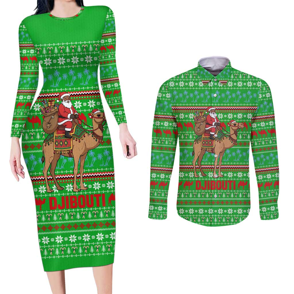Djibouti Christmas Couples Matching Long Sleeve Bodycon Dress and Long Sleeve Button Shirt with Santa Riding Camel Palm Trees Red Camel - Wonder Print Shop