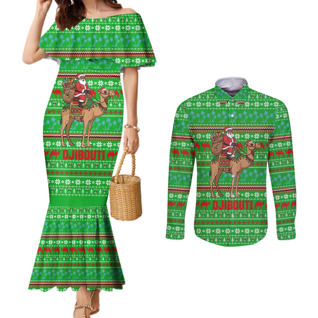 Djibouti Christmas Couples Matching Mermaid Dress and Long Sleeve Button Shirt with Santa Riding Camel Palm Trees Red Camel - Wonder Print Shop