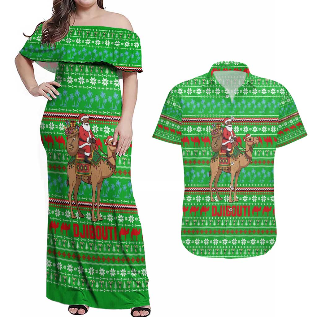 Djibouti Christmas Couples Matching Off Shoulder Maxi Dress and Hawaiian Shirt with Santa Riding Camel Palm Trees Red Camel - Wonder Print Shop