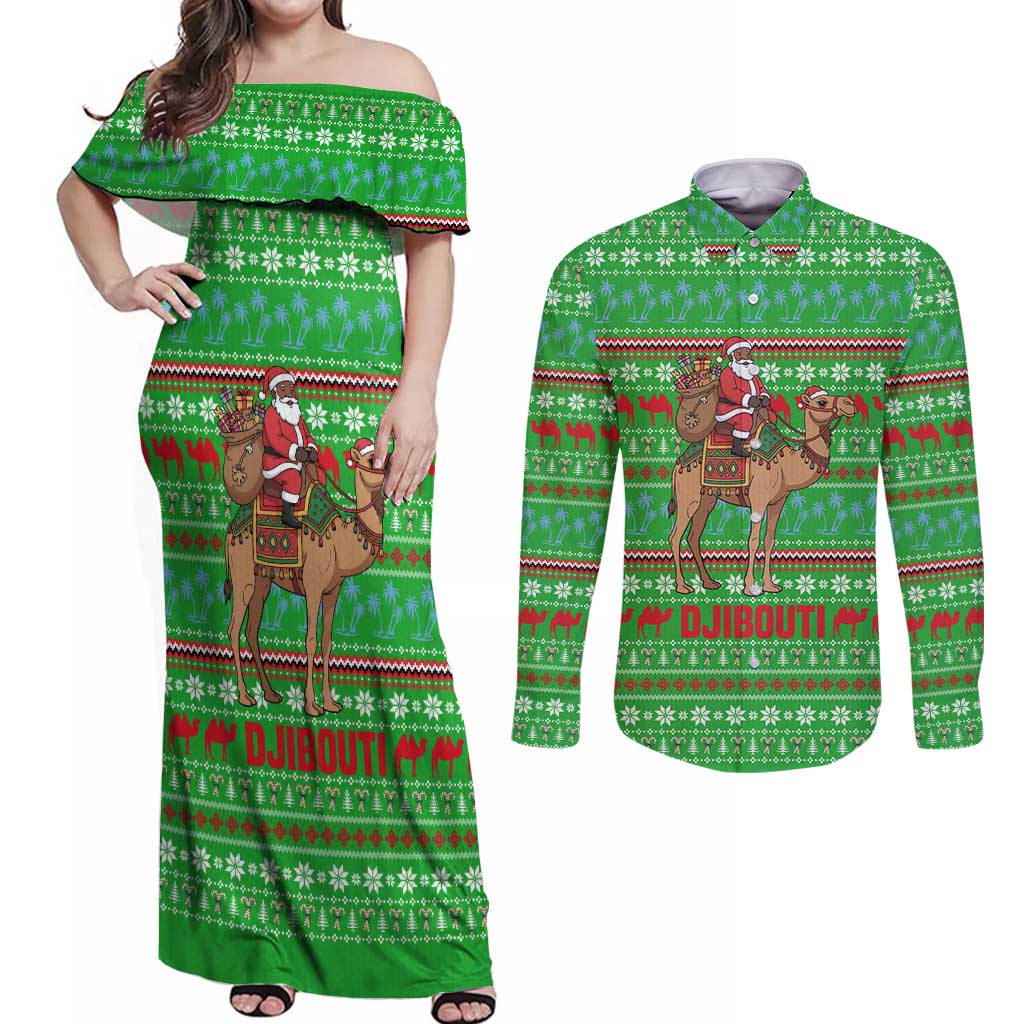 Djibouti Christmas Couples Matching Off Shoulder Maxi Dress and Long Sleeve Button Shirt with Santa Riding Camel Palm Trees Red Camel - Wonder Print Shop