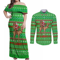 Djibouti Christmas Couples Matching Off Shoulder Maxi Dress and Long Sleeve Button Shirt with Santa Riding Camel Palm Trees Red Camel - Wonder Print Shop