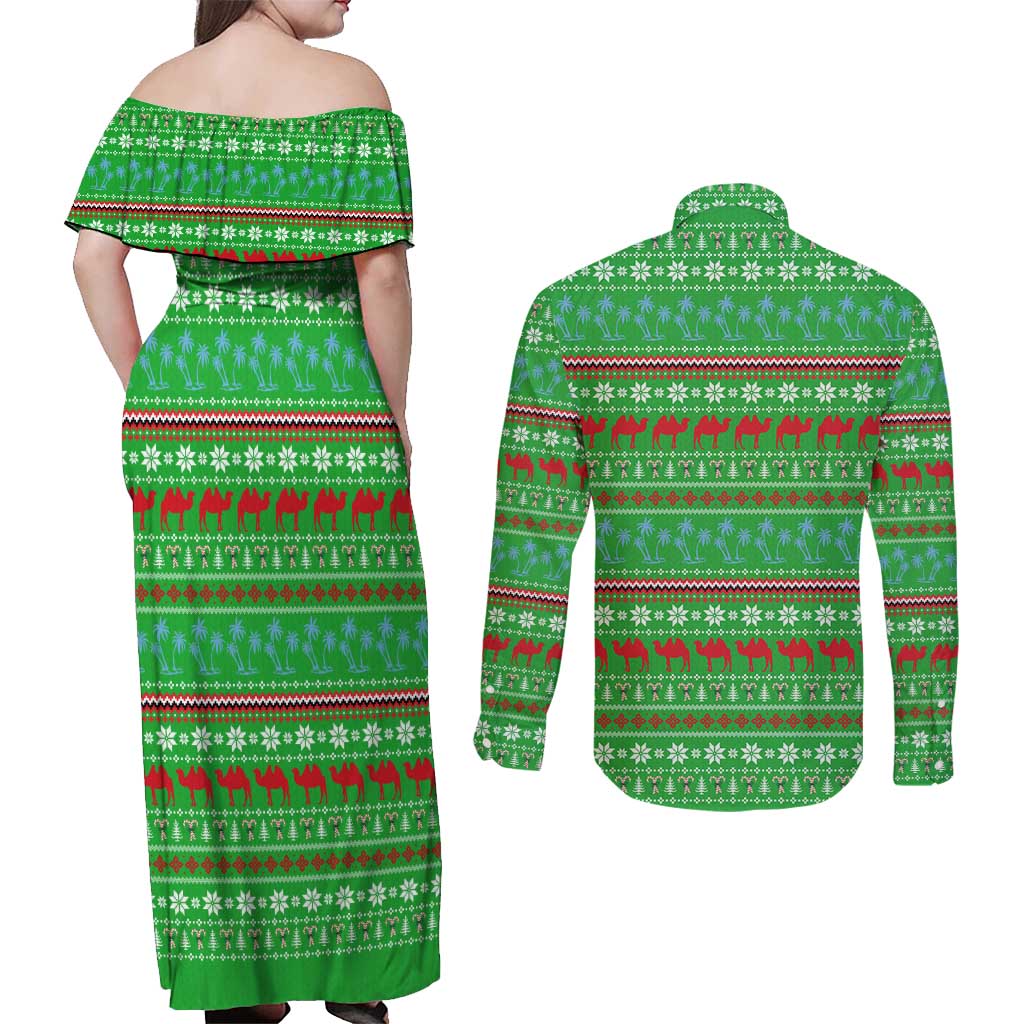 Djibouti Christmas Couples Matching Off Shoulder Maxi Dress and Long Sleeve Button Shirt with Santa Riding Camel Palm Trees Red Camel - Wonder Print Shop