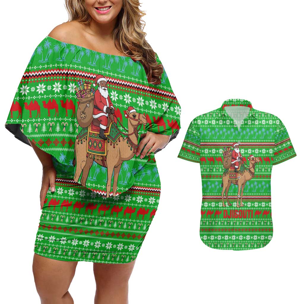 Djibouti Christmas Couples Matching Off Shoulder Short Dress and Hawaiian Shirt with Santa Riding Camel Palm Trees Red Camel - Wonder Print Shop